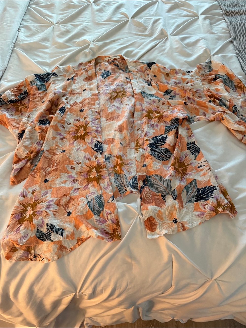 Rip Curl Peach Floral Kimono Coverup with Navy Leaf Accents